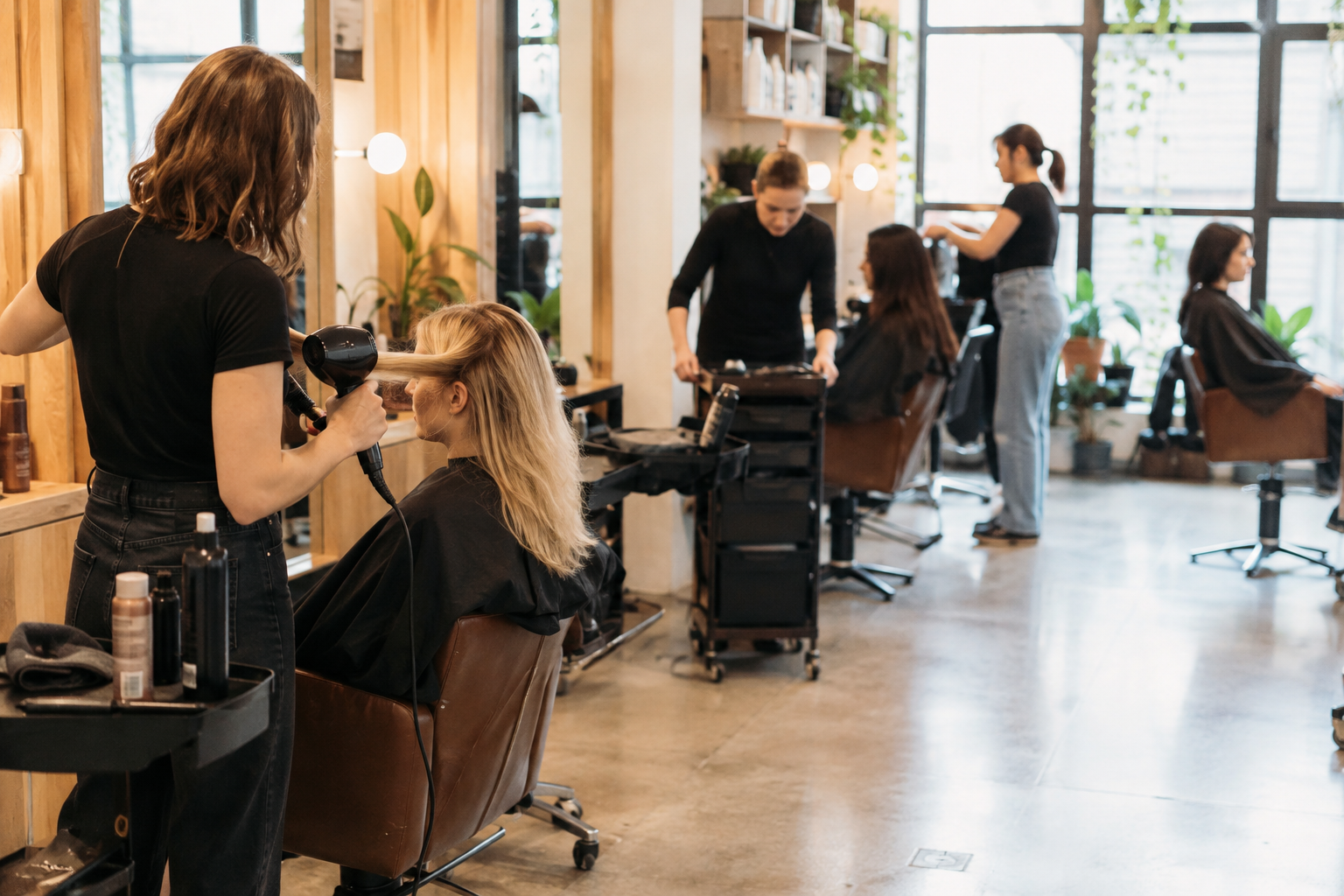 Busy but orderly salon floor with multiple stylists serving clients at separate stations