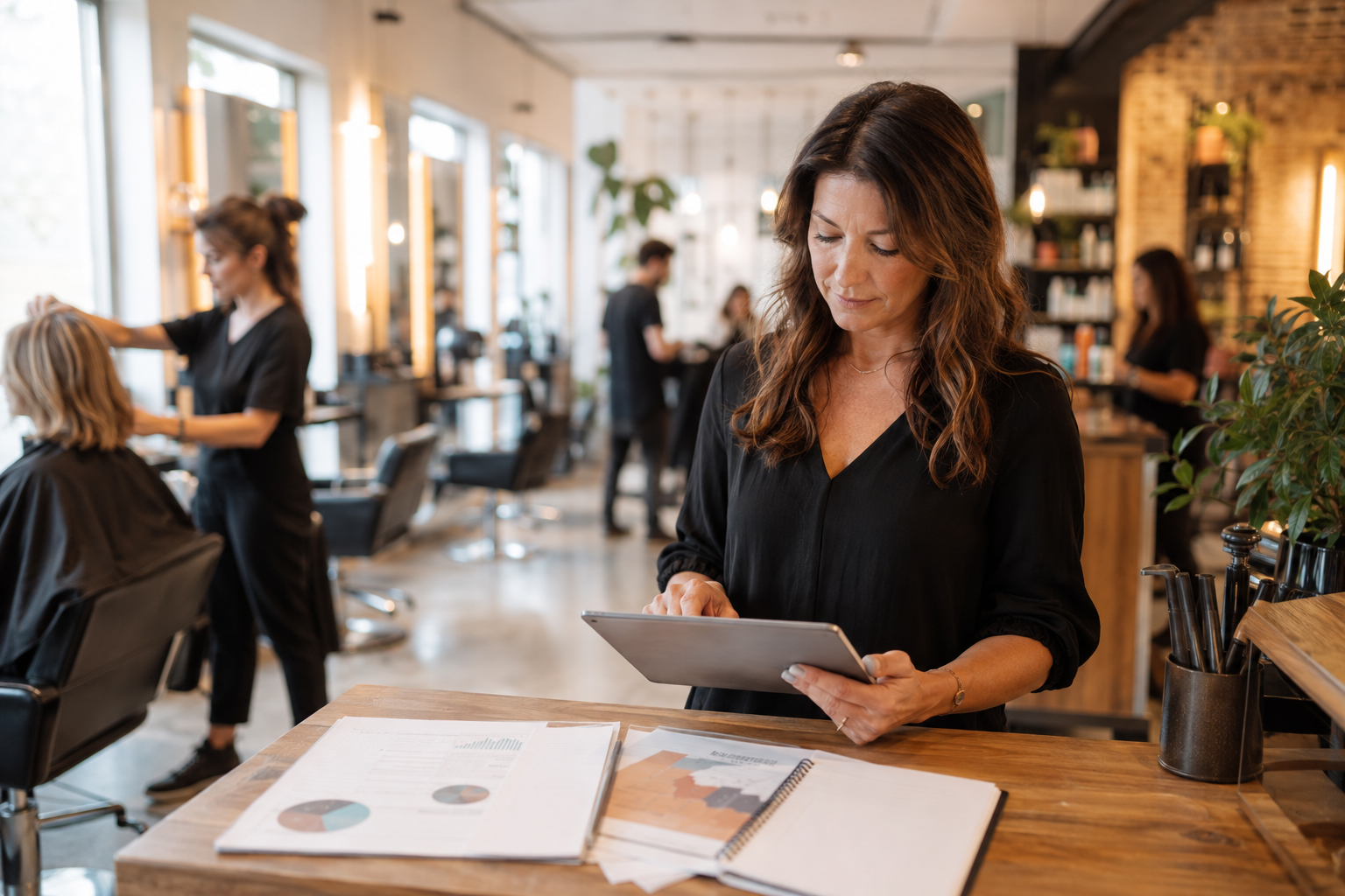 Salon owner reviewing business figures on a tablet at the front desk while stylists work in the background