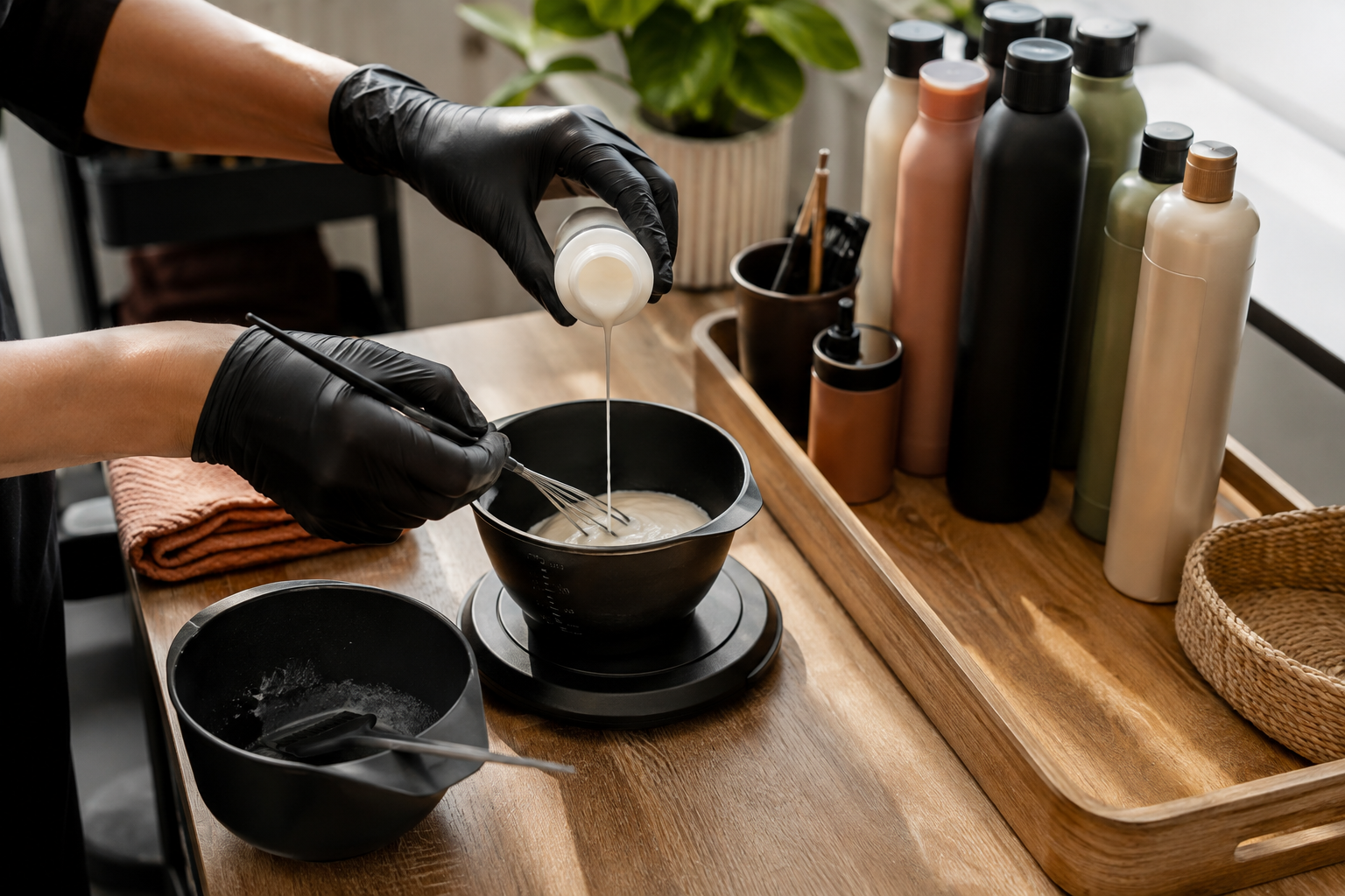 Stylist carefully measuring hair product into a mixing bowl at a clean salon workstation
