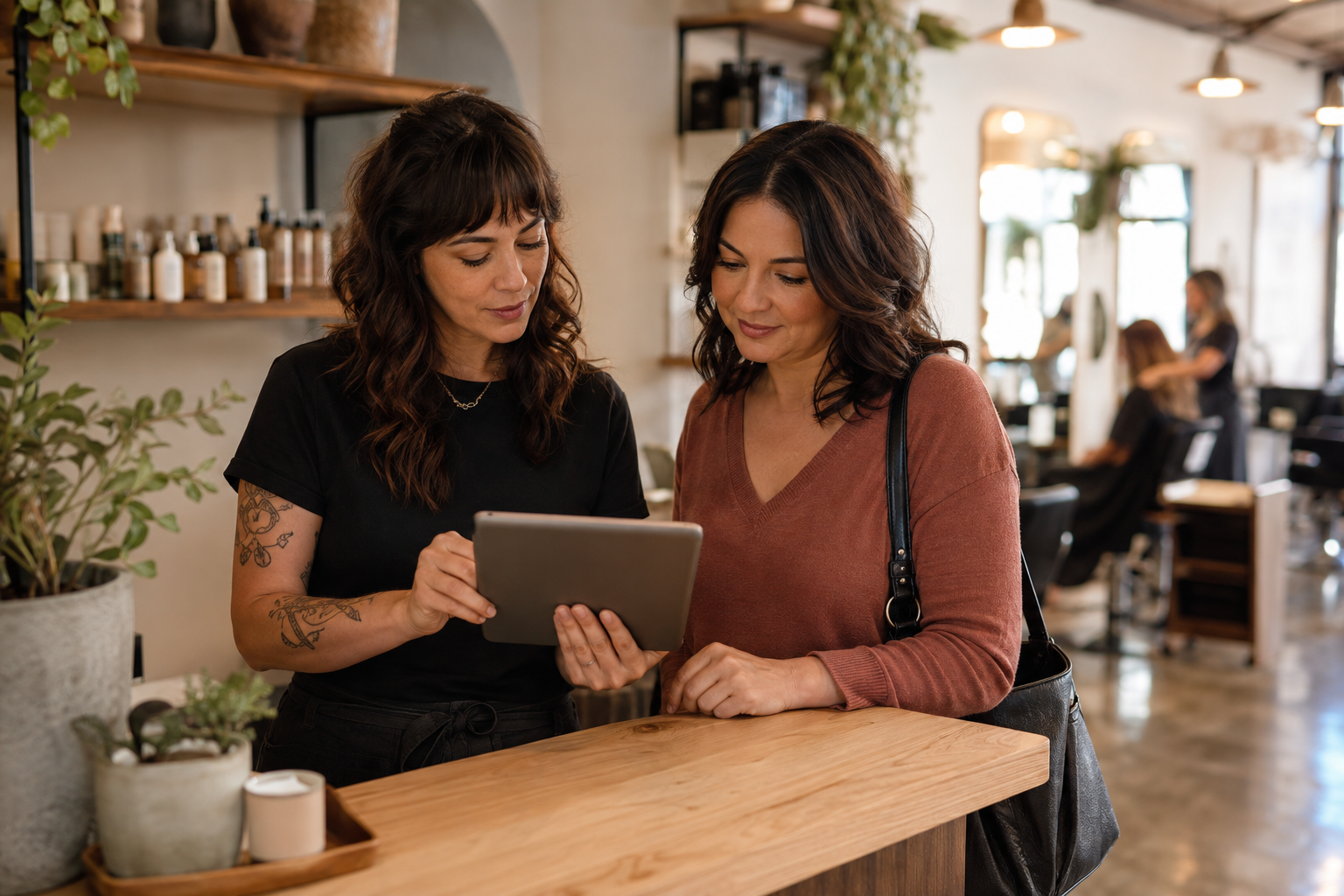 Stylist and returning client reviewing a future appointment together on a tablet at the salon front desk
